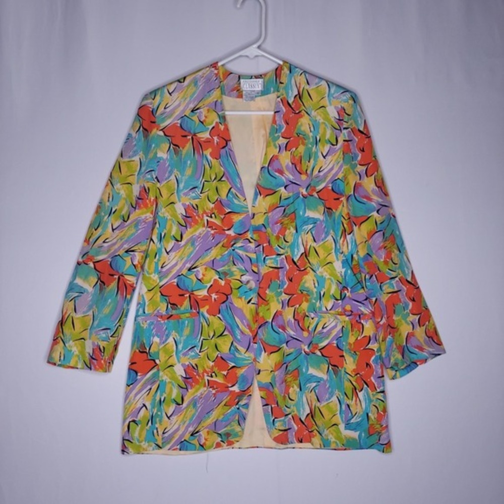 Preferred Classix Vtg Women Silk‎ Blazer 12 Artsy Abstract Quiet Luxury Coastal